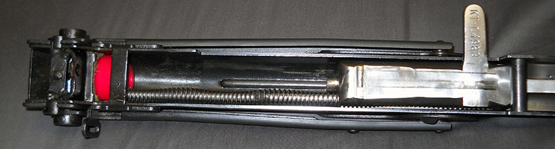 detail, PPS-43 upper, featuring bolt, recoil spring, and recoil buffer
